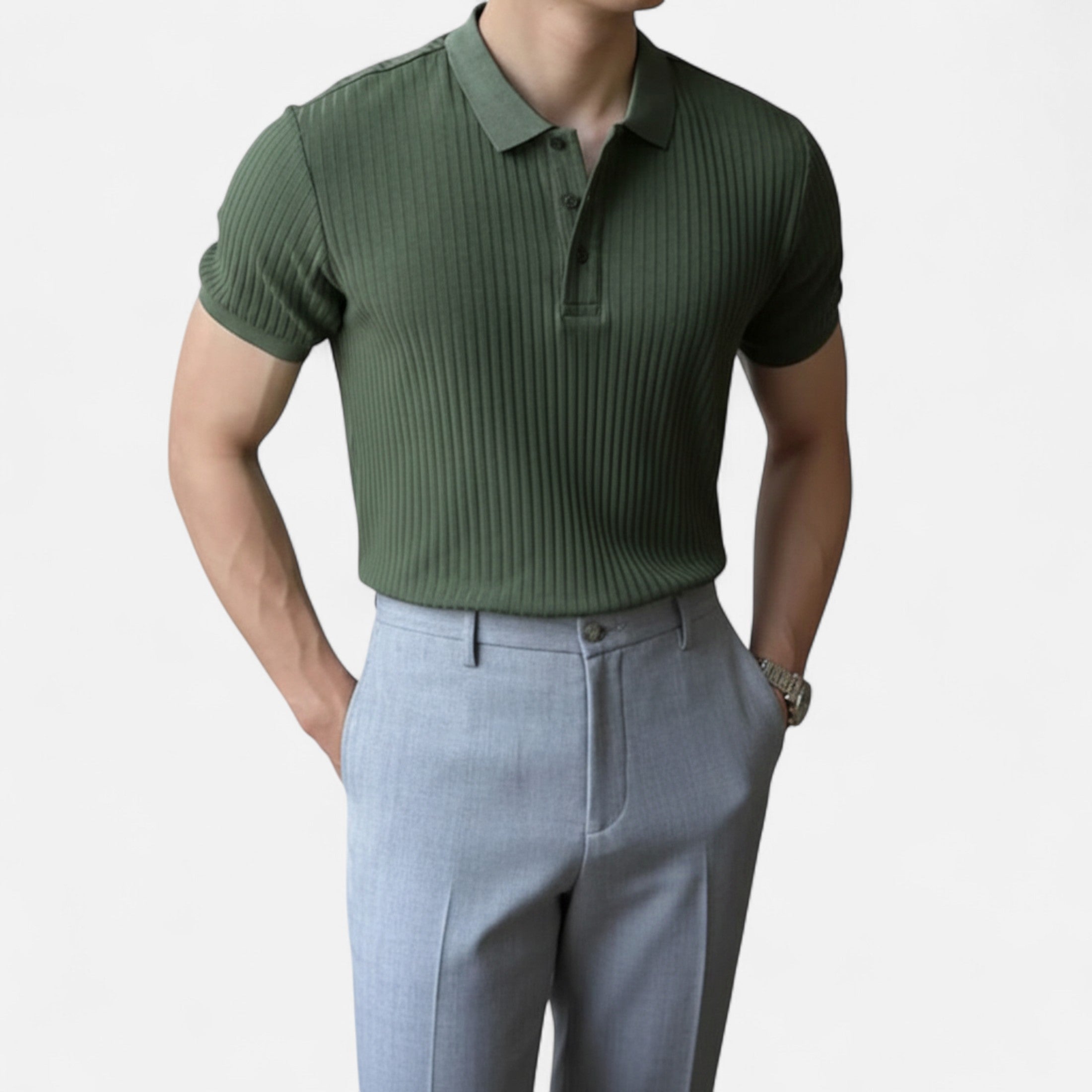 Old Fortune | Męskie Polo Dzianinowe – Pionowe Paski i Kołnierzyk